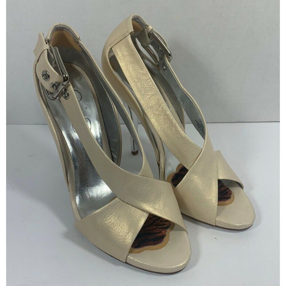 Women Jessica Simpson Champagne Metallic Silver Heels Shoes Ankle Buckles 7B -37